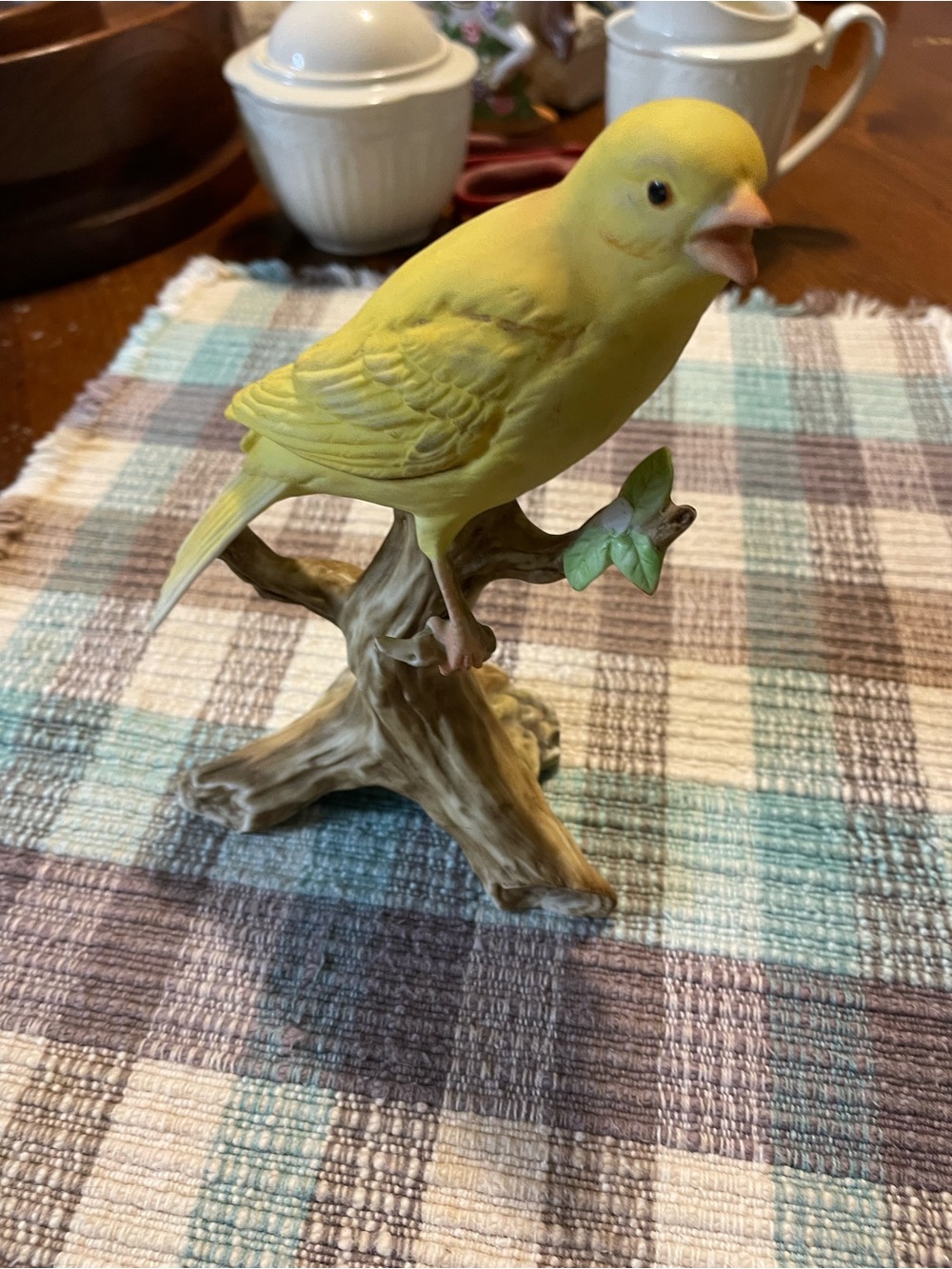 Yellow Ceramic Bird Figurine on Branch - Decorative Pet Bird Accent